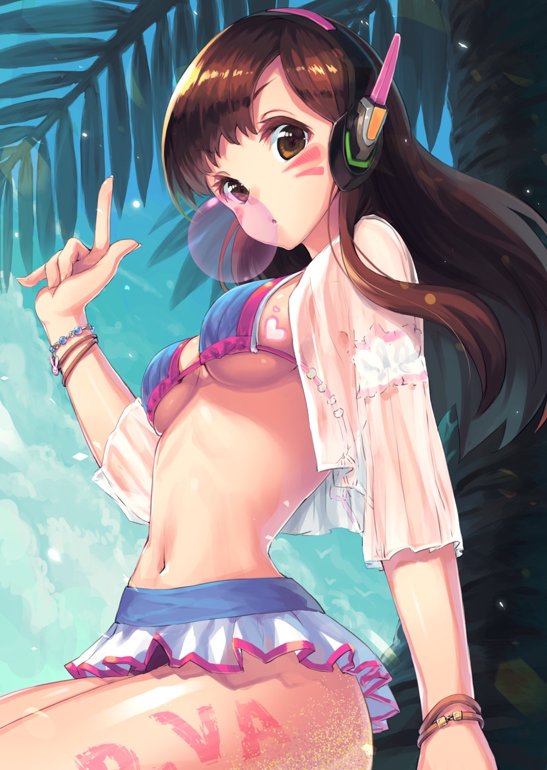 bikini, d.va, headphones, juu., open_shirt, overwatch, see_through, swimsuits