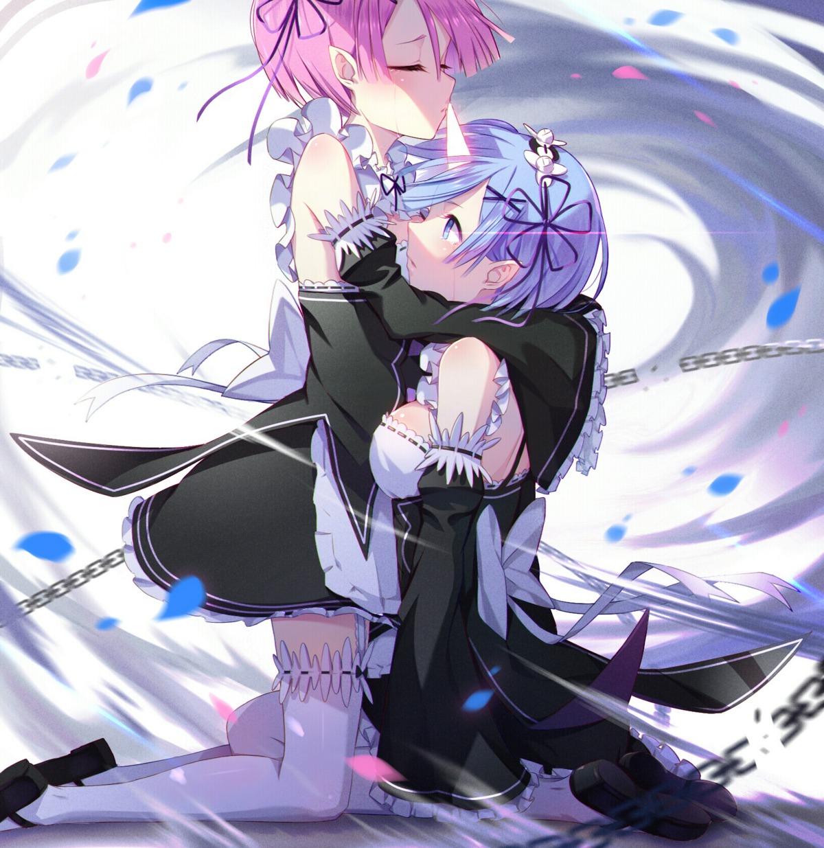 horns, maid, pointy_ears, ram_(re_zero), re:zero_kara_hajimeru_isekai_seikatsu, rem_(re_zero), ring_(1079882045), stockings