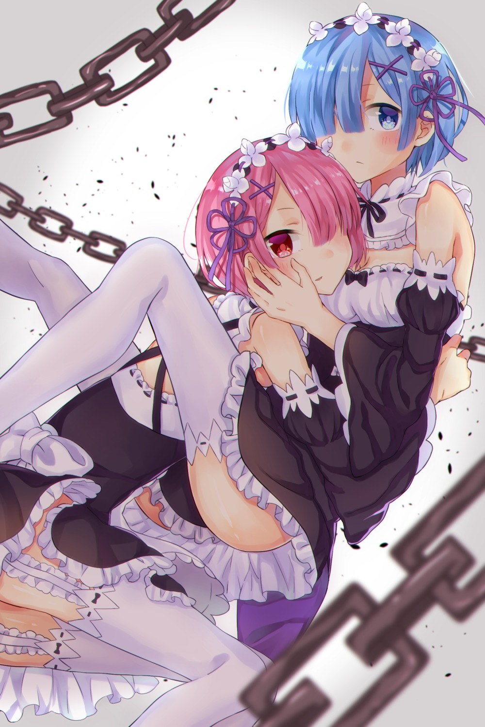 cleavage, maid, ram_(re_zero), re:zero_kara_hajimeru_isekai_seikatsu, rem_(re_zero), stockings, thighhighs, yume_(bp25mt)