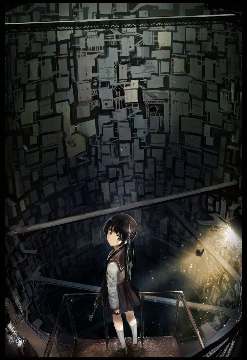 gun, landscape, oota_youjo, seifuku, weapon