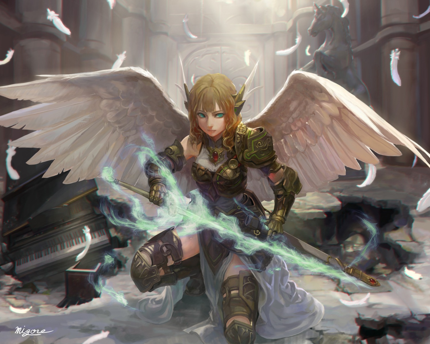 armor, mizore_akihiro, sword, wings