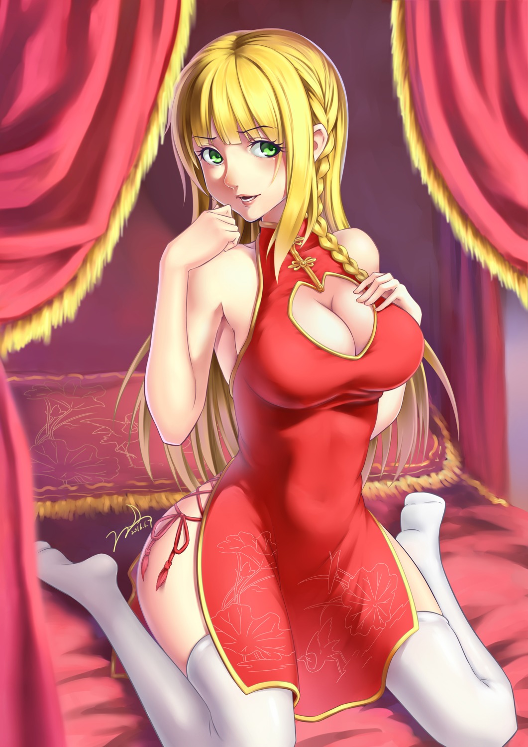 breast_hold, chinadress, cleavage, no_bra, thighhighs, tsuki_(s1ber)