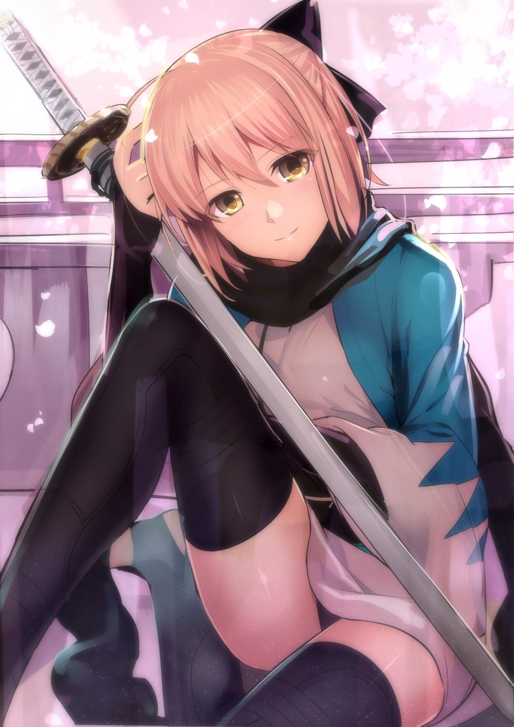 akechi_shizuku, fate/grand_order, fate/stay_night, japanese_clothes, okita_souji_(fate), pantsu, sword, thighhighs