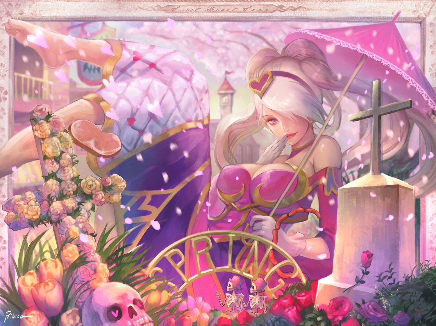 autographed, bibiko, cleavage, dress, feet, league_of_legends, sona_buvelle, umbrella