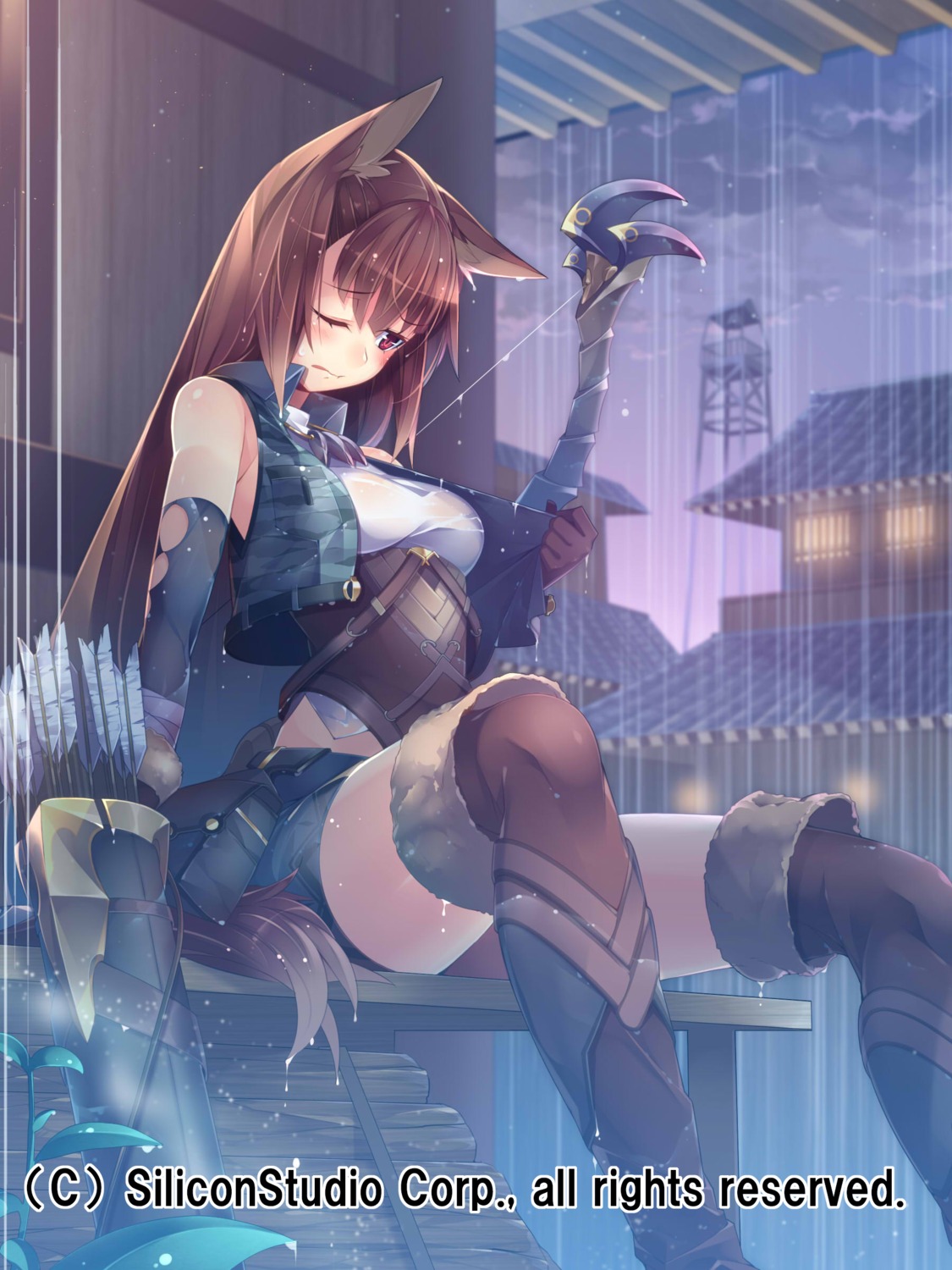 animal_ears, gyakushuu_no_fantasica, kokka_han, tail, weapon, wet, wet_clothes