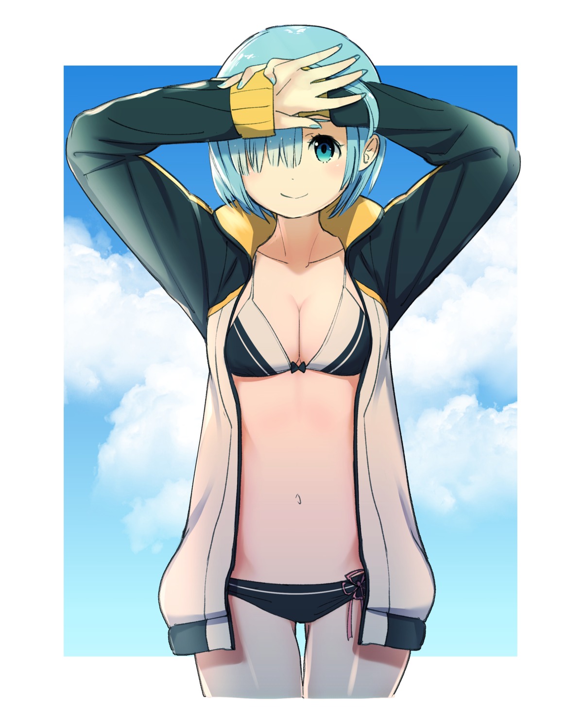bikini, cleavage, open_shirt, puchiman, re:zero_kara_hajimeru_isekai_seikatsu, rem_(re_zero), swimsuits
