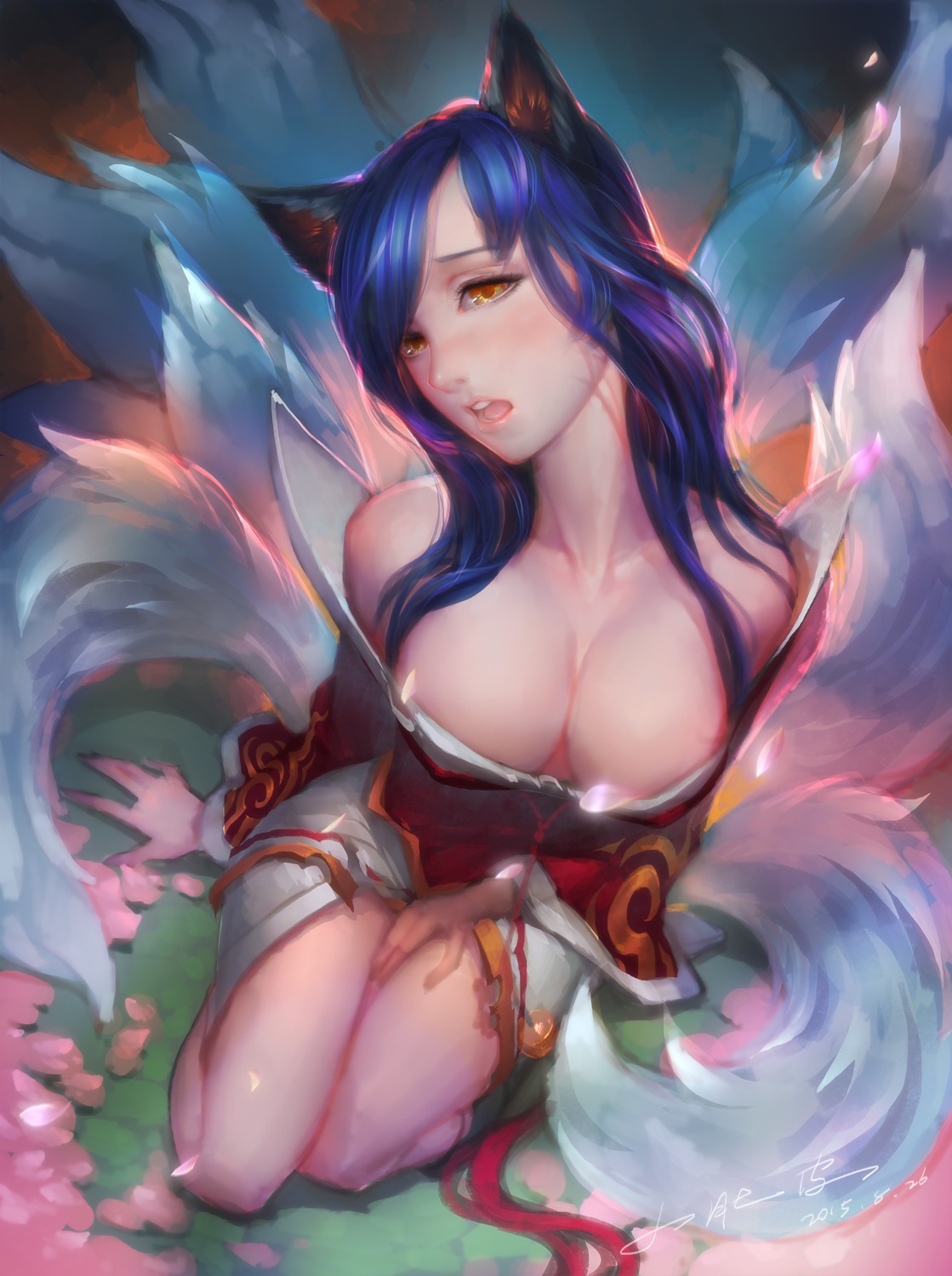ahri, animal_ears, cleavage, kitsune, league_of_legends, no_bra, open_shirt, tail, xiao_duzi