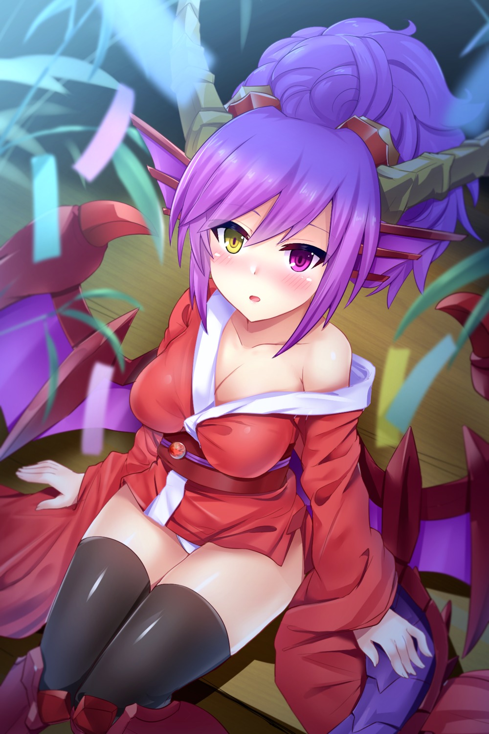 cleavage, horns, japanese_clothes, open_shirt, pantsu, puzzle_&_dragons, samoore, sonia_(p&d)