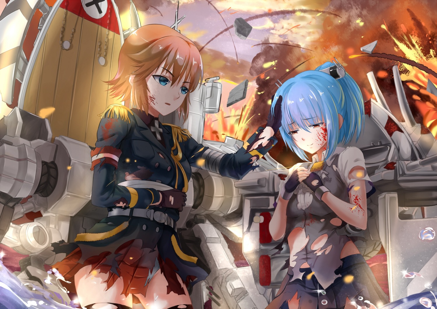 bandages, bismarck_(zhanjianshaonv), blood, prinz_eugen_(zhanjianshaonv), seifuku, shan-n, thighhighs, torn_clothes