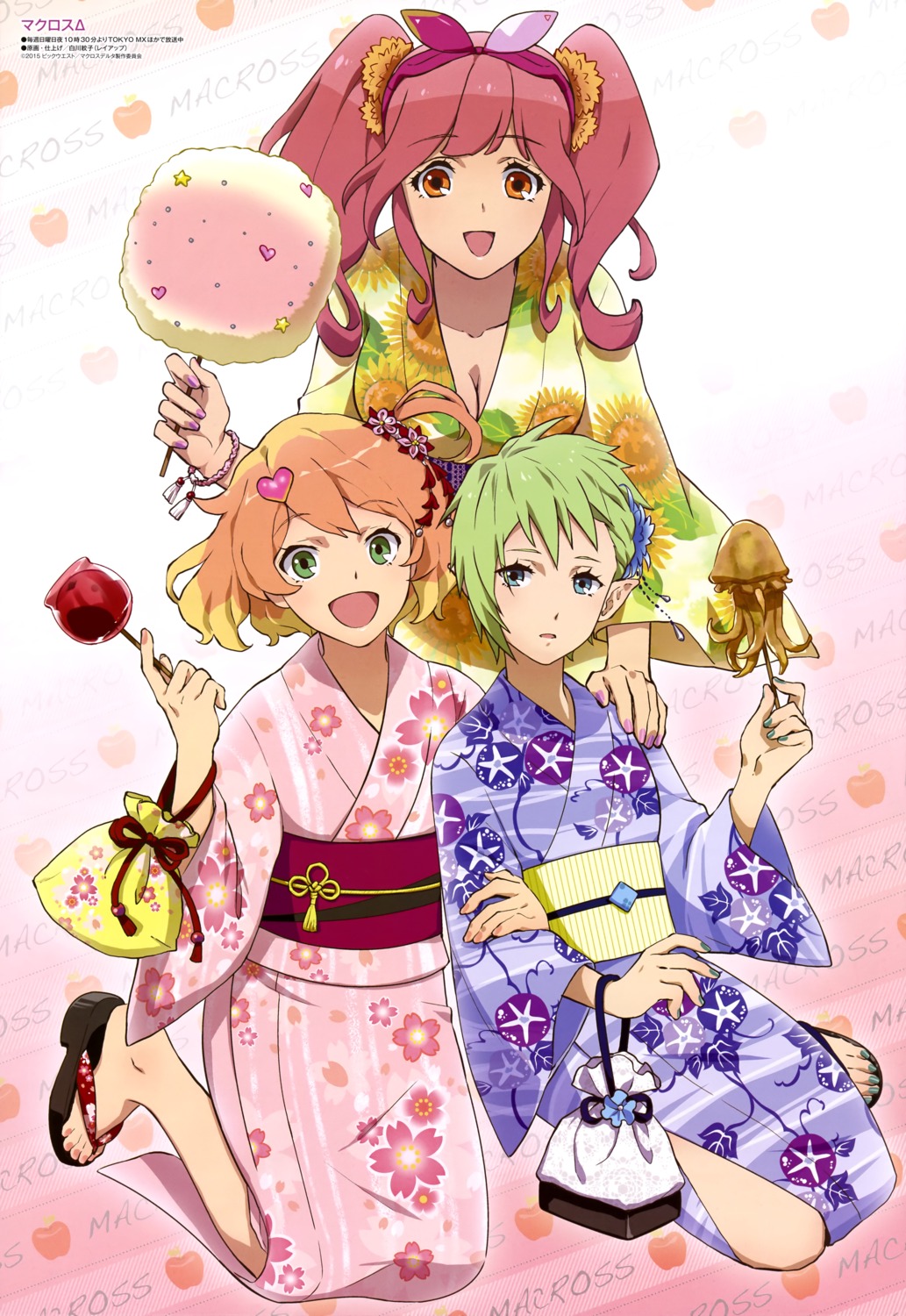 cleavage, freyja_wion, macross_delta, makina_nakajima, pointy_ears, reina_prowler, shirakawa_ayako, yukata
