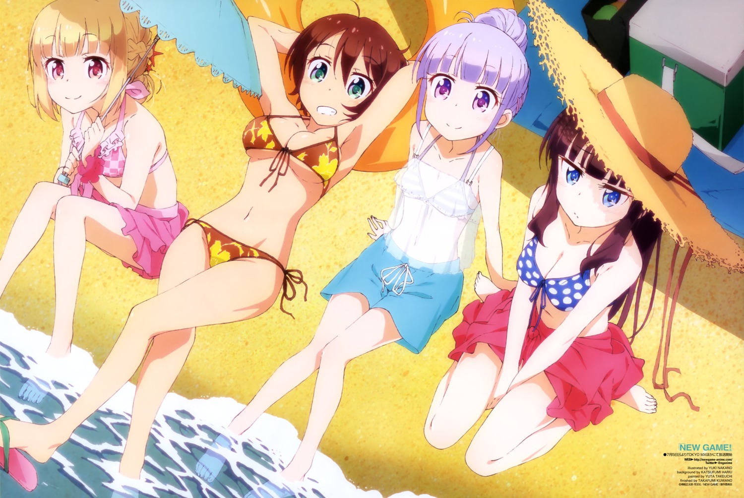 bikini, bikini_top, cleavage, iijima_yun, nakano_yuuki, new_game!, see_through, shinoda_hajime, suzukaze_aoba, swimsuits, takimoto_hifumi, umbrella, underboob, wet