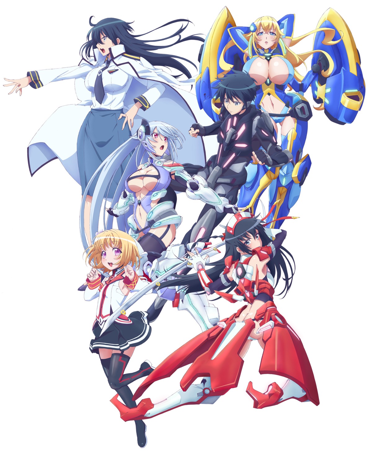 bodysuit, chidorigafuchi_aine, cleavage, digital_version, hida_kizuna, hida_reiri, himekawa_hayuru, masou_gakuen_hxh, no_bra, stockings, sword, sylvia_silkcut, thighhighs, uniform, yurishia_farandole