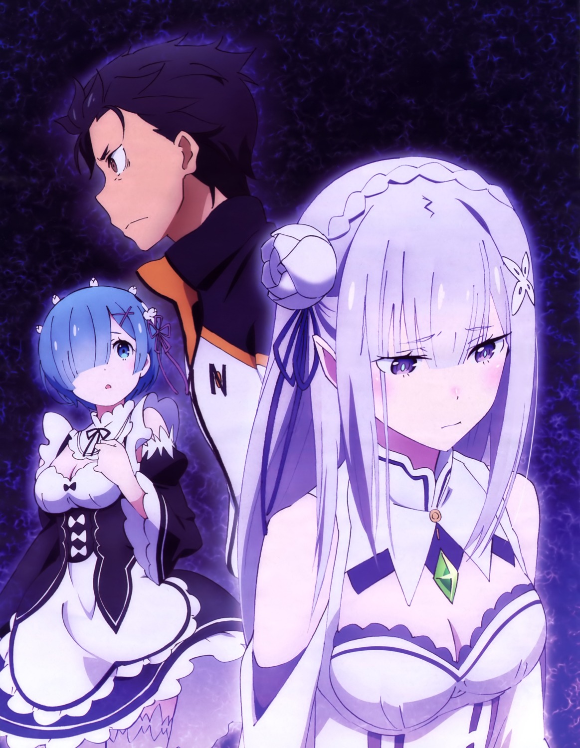 cleavage, elf, emilia_(re_zero), kimiya_ryousuke, maid, natsuki_subaru, pointy_ears, re:zero_kara_hajimeru_isekai_seikatsu