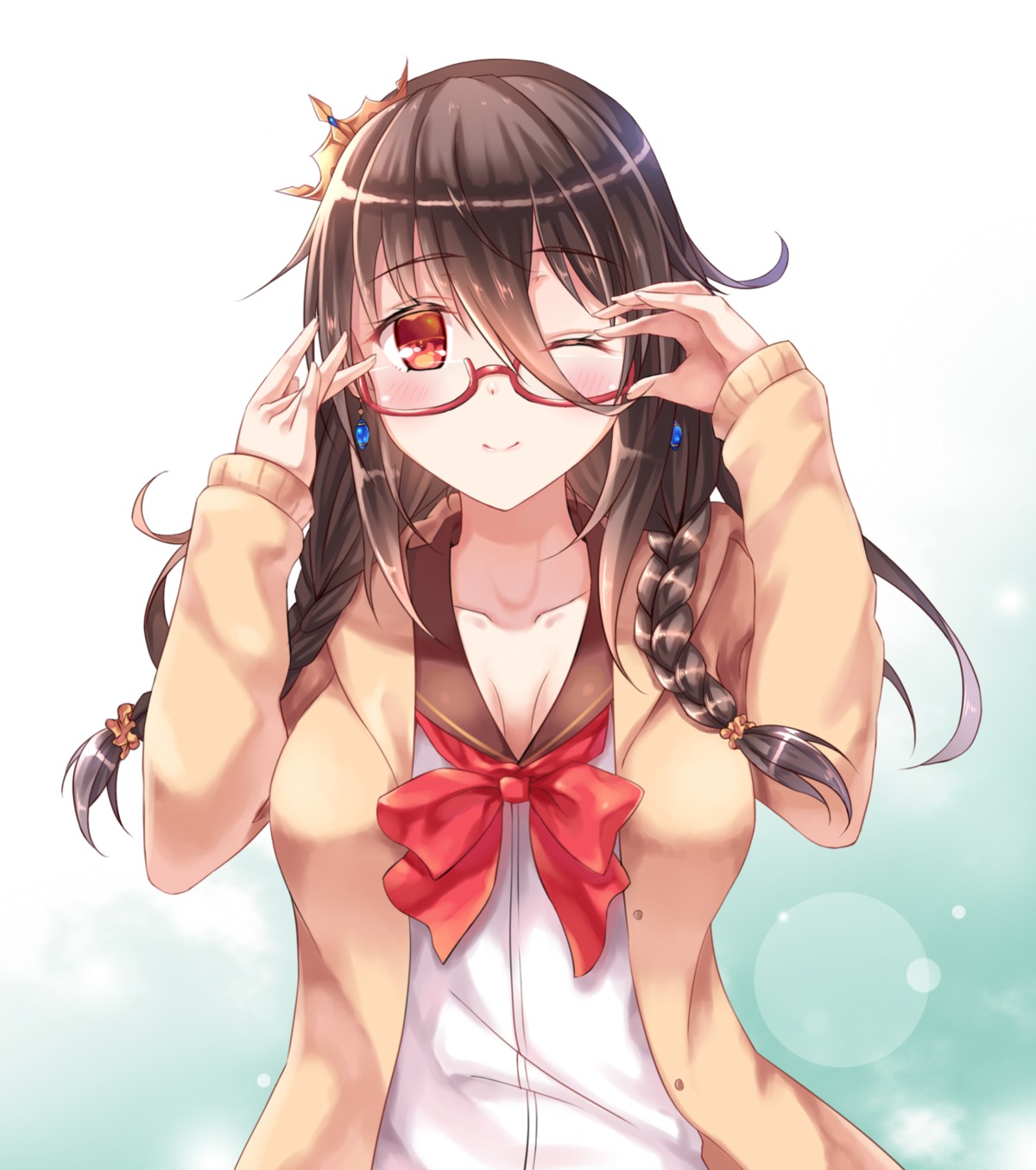 cleavage, megane, queen_elizabeth_(zhanjianshaonv), seifuku, zhanjianshaonv, zhou_yu_(van)