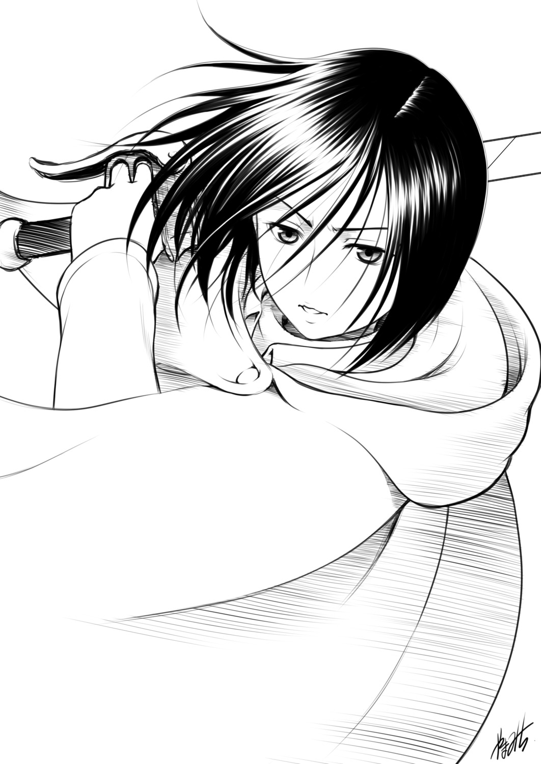 autographed, mikasa_ackerman, monochrome, shingeki_no_kyojin, sword, yama-michi