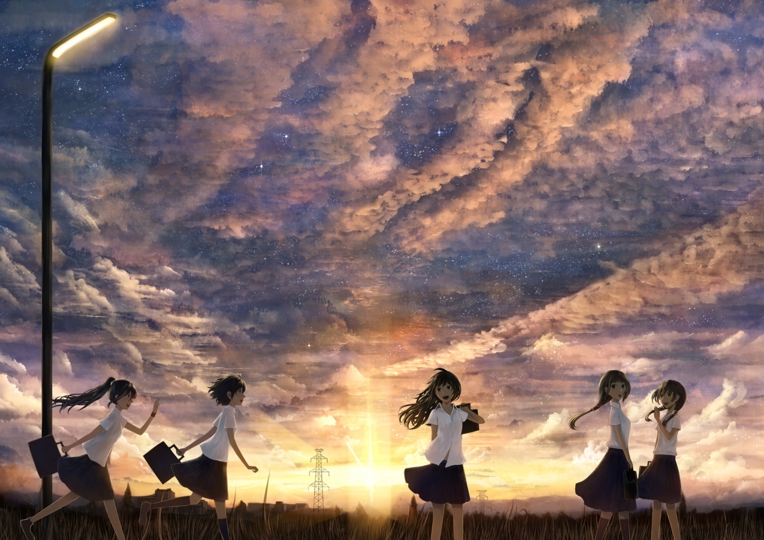 landscape, sakimori, seifuku, thighhighs