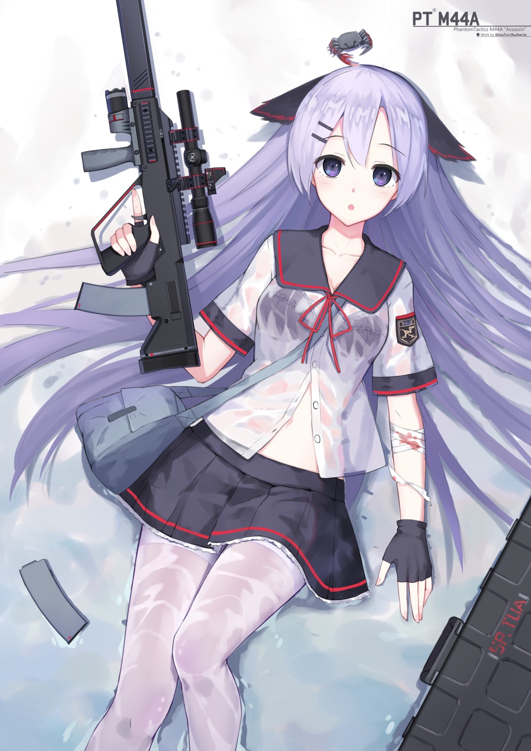 animal_ears, bandages, blood, bra, gun, pantyhose, see_through, seifuku