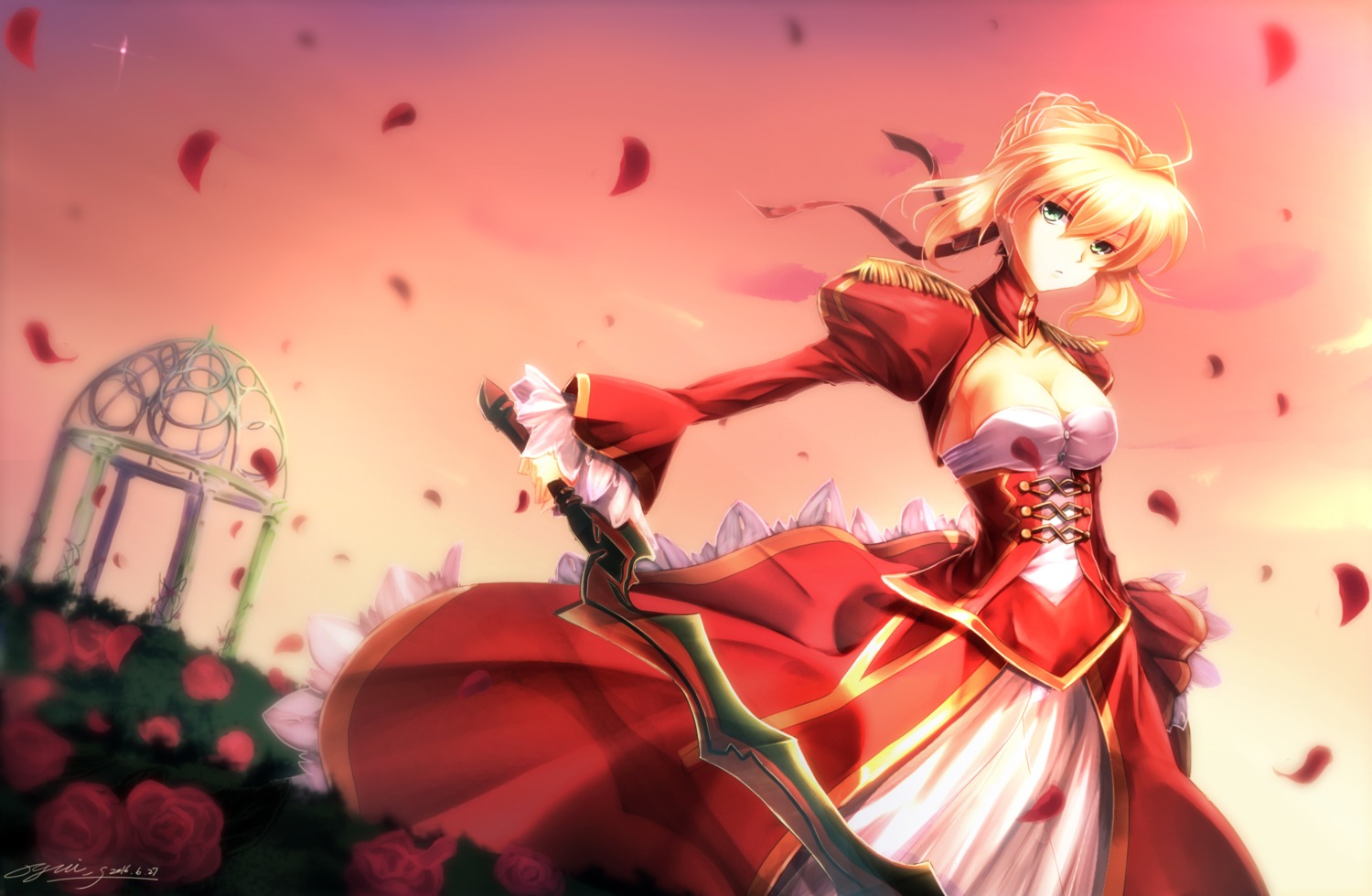 cleavage, dress, fate/extra, fate/stay_night, nero_claudius_(fate), pantsu, see_through, sword