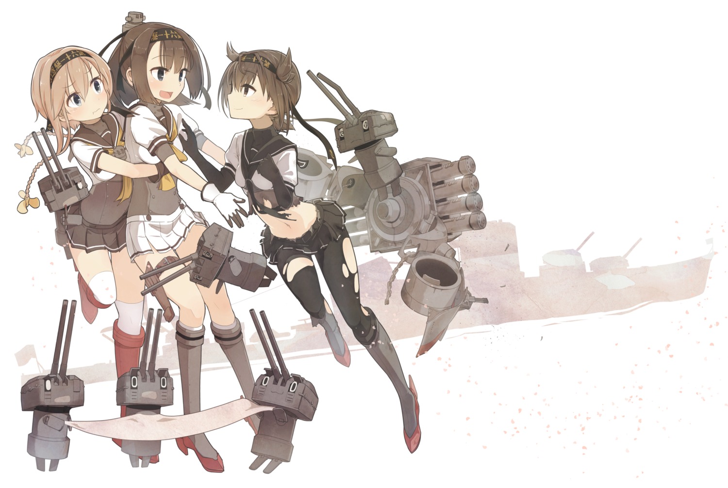 akizuki_(kancolle), hatsuzuki_(kancolle), heels, kantai_collection, pantyhose, seifuku, teruzuki_(kancolle), thighhighs, torn_clothes, yopan_danshaku