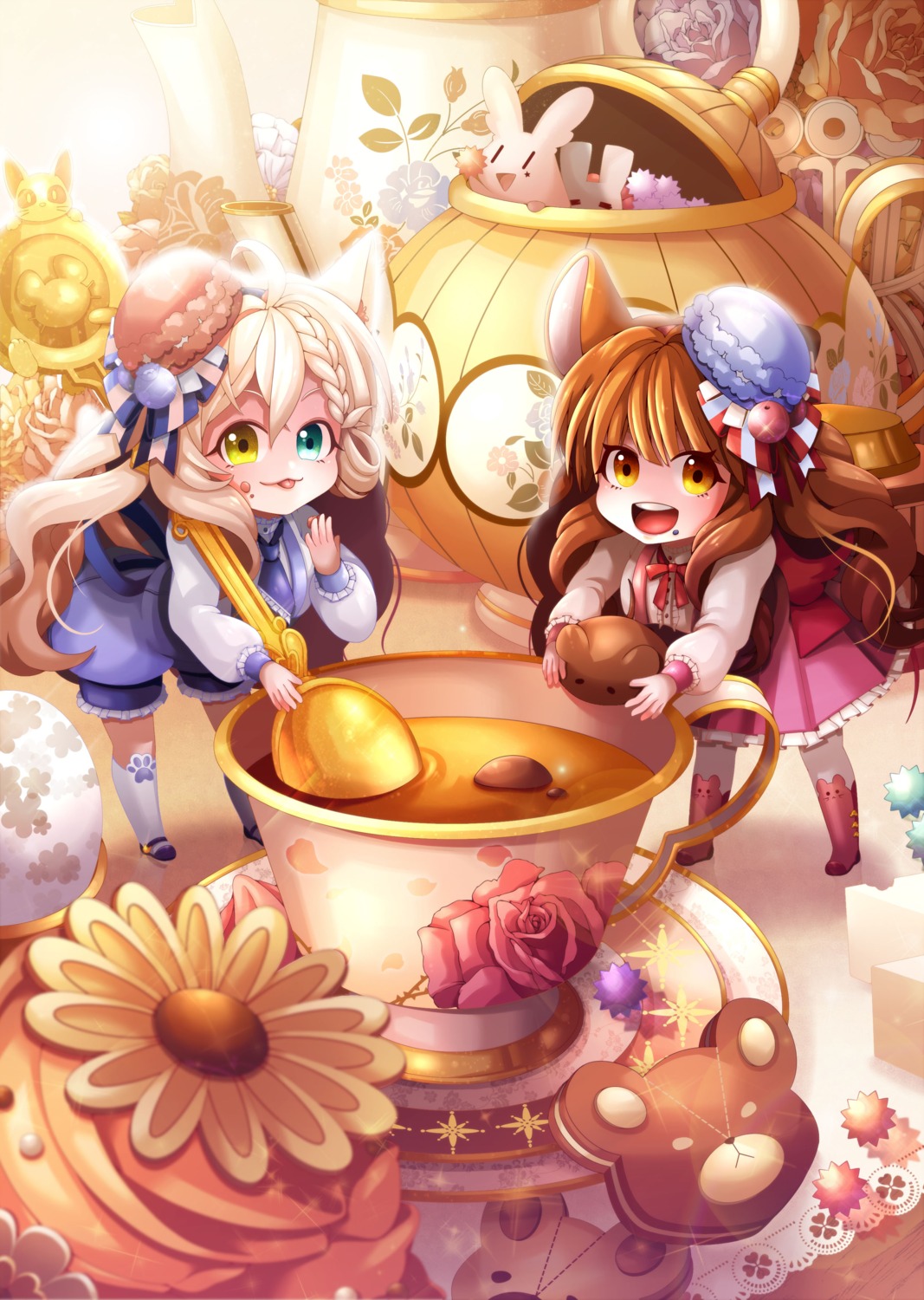 animal_ears, chepill, chibi, dress, heterochromia, pantyhose