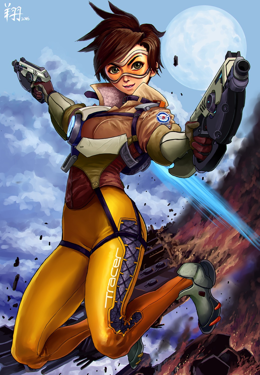 bodysuit, gun, overwatch, ryu_shou, tracer