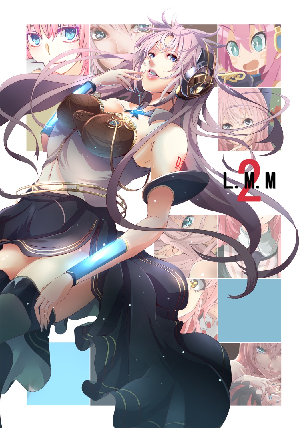 cleavage, endou_(zettai_bluenoid), headphones, megurine_luka, tattoo, thighhighs, vocaloid