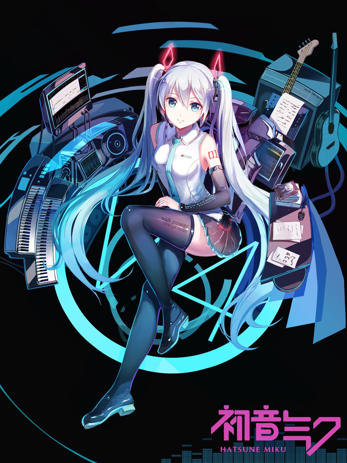 hatsune_miku, headphones, heels, red_flowers, tattoo, thighhighs, vocaloid