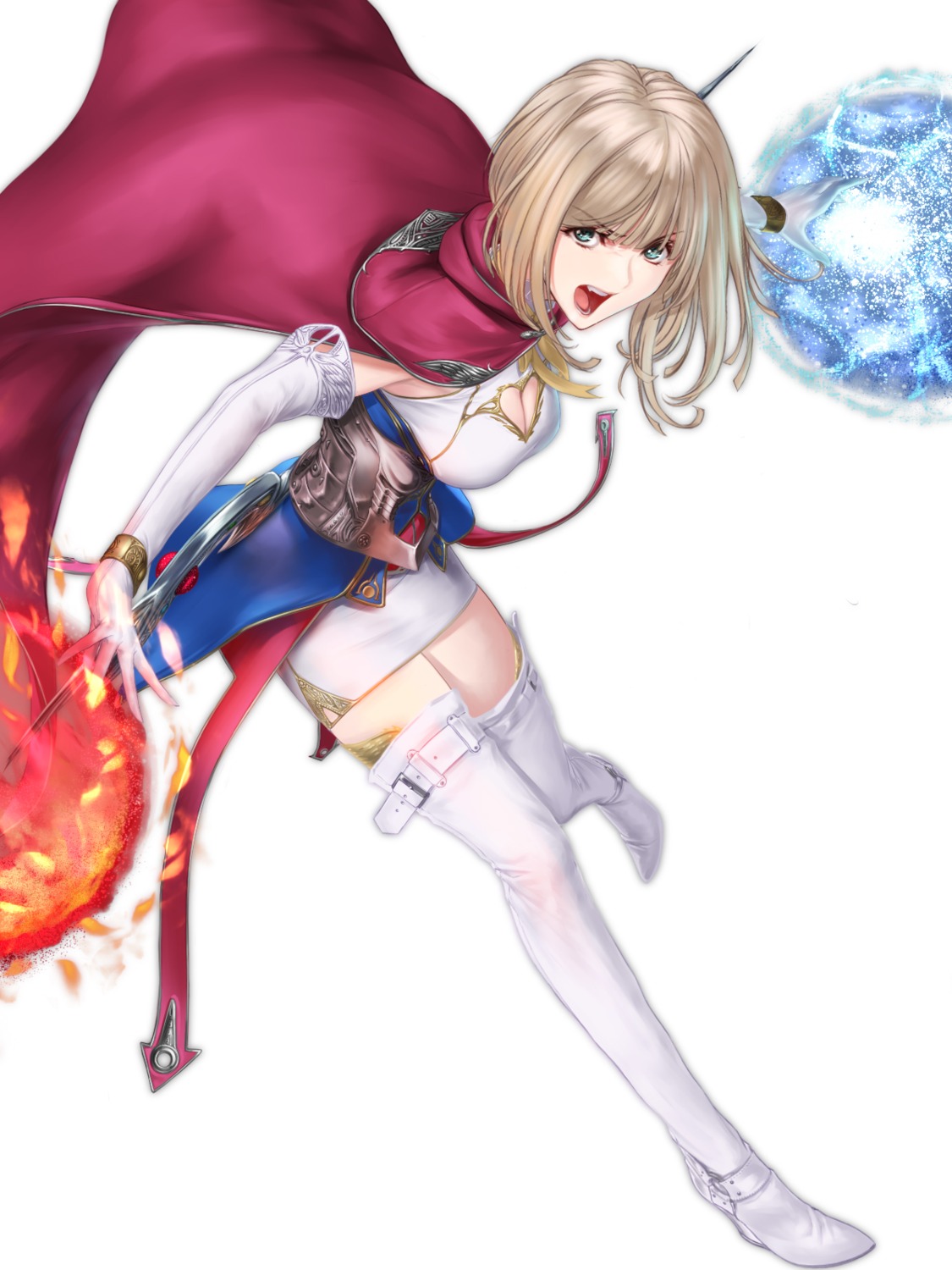 armor, cleavage, dress, heels, shisshou_senkoku, thighhighs, weapon