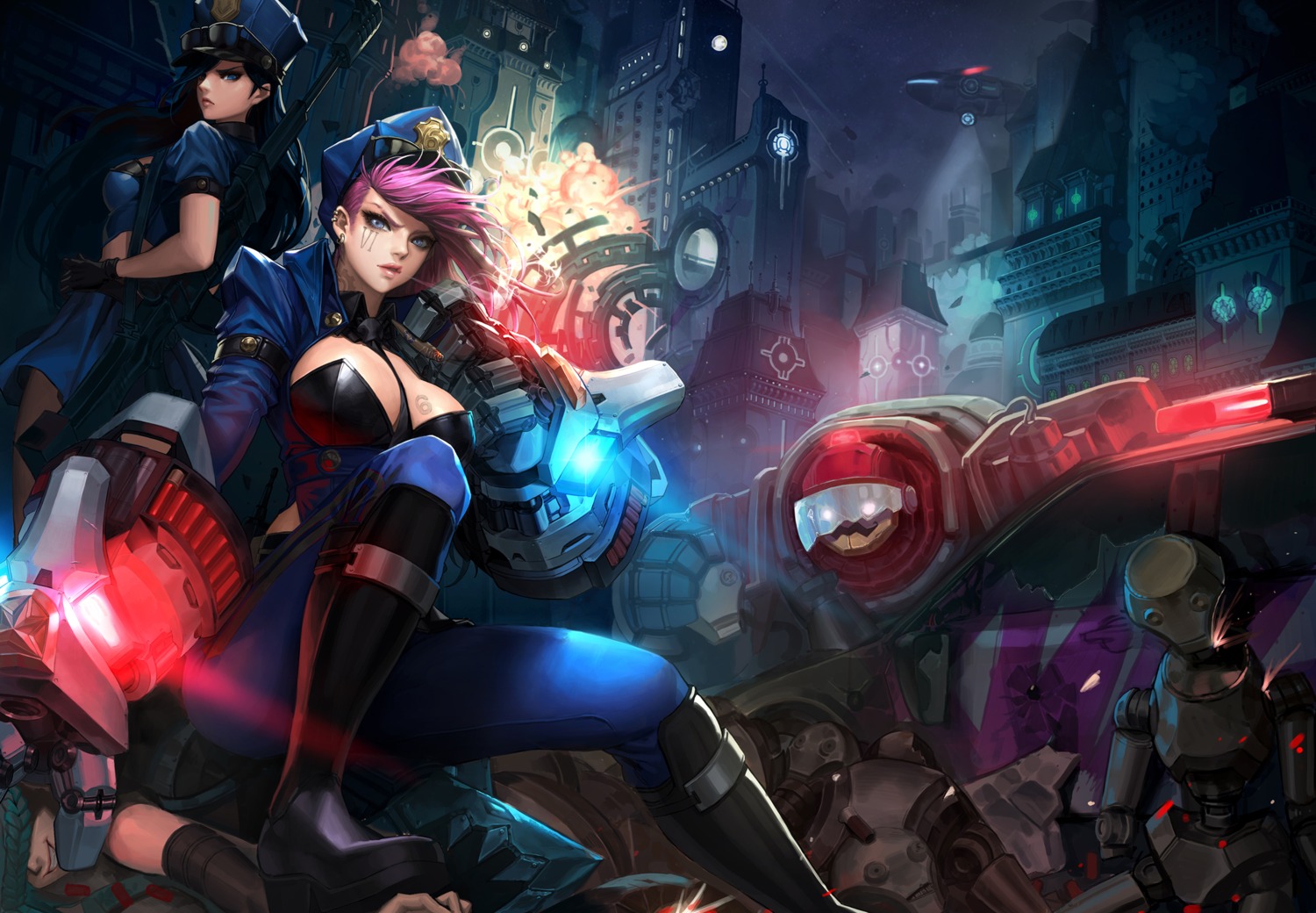 caitlyn, cleavage, daeho_cha, gun, heels, jinx, league_of_legends, mecha