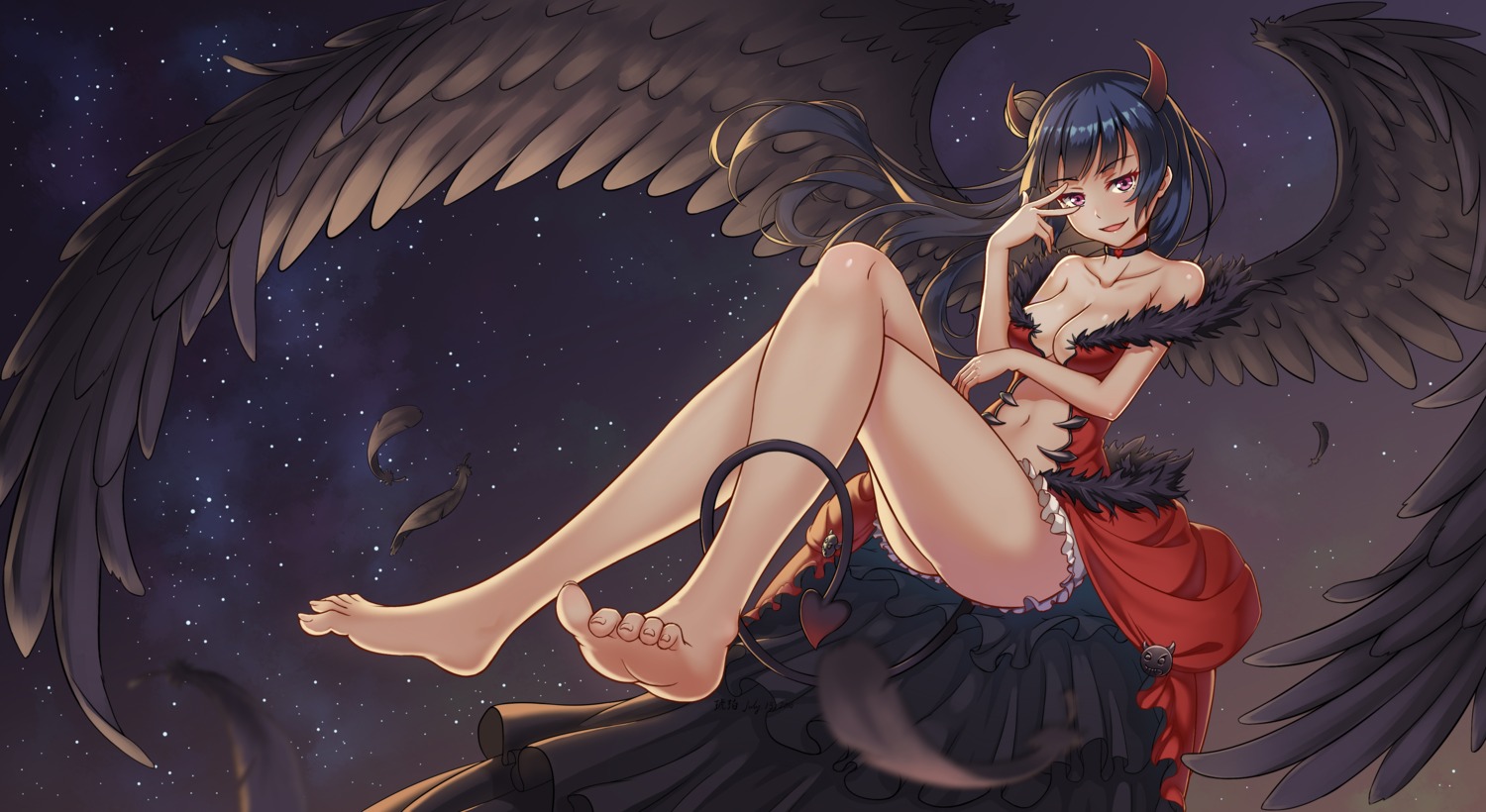cleavage, dress, feet, horns, kohaku_(ambermoe), love_live!_(series), love_live!_sunshine!!, no_bra, tail, tsushima_yoshiko, wings
