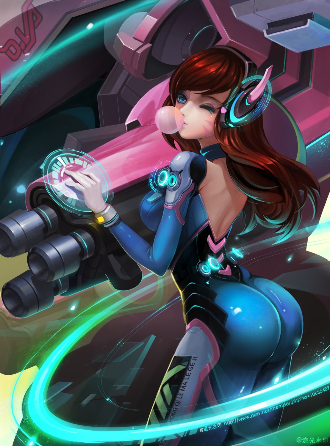 ass, bodysuit, d.va, headphones, liuguang_shuiyin, mecha, no_bra, overwatch