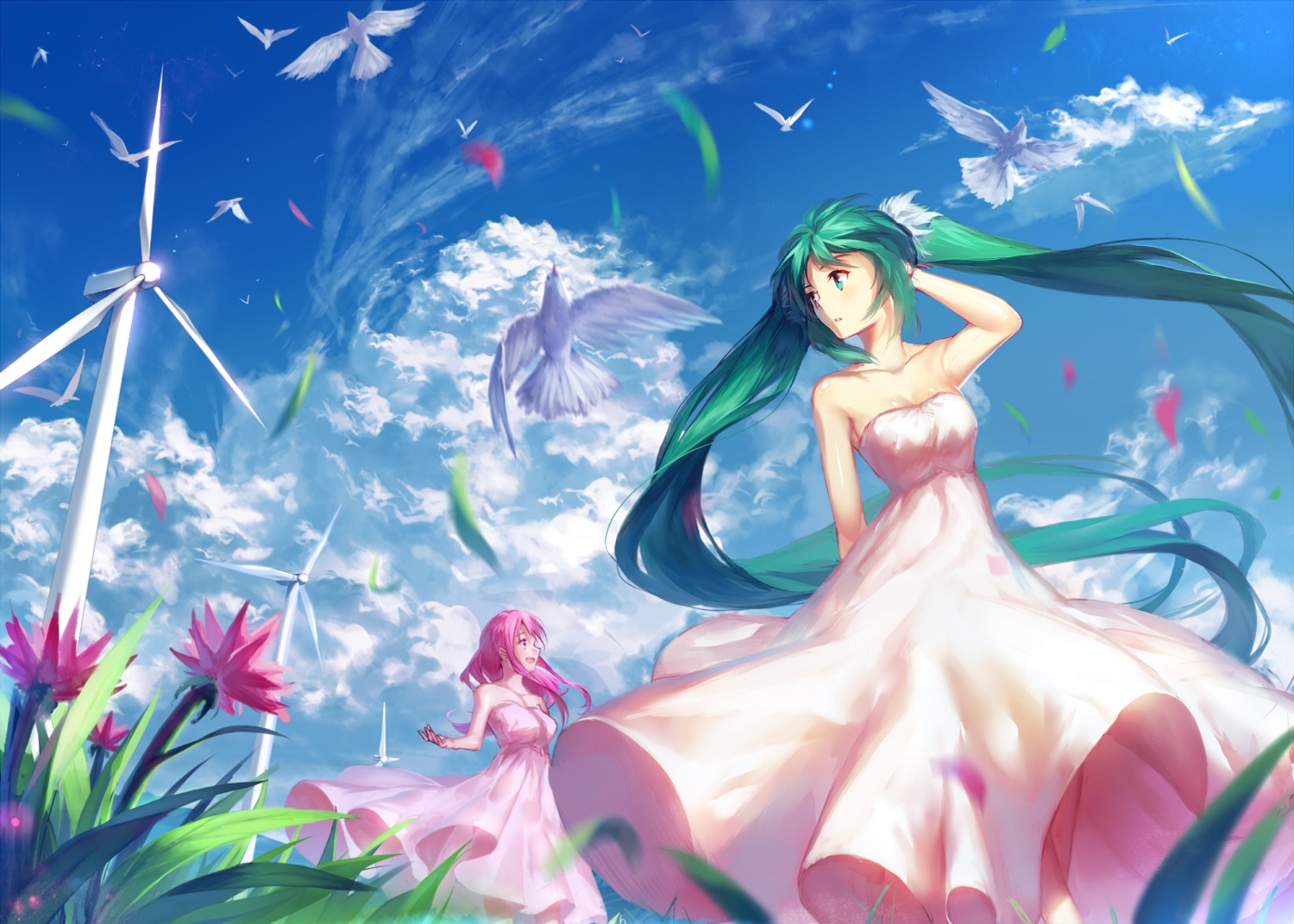 cleavage, dress, hatsune_miku, megurine_luka, vocaloid, yuket