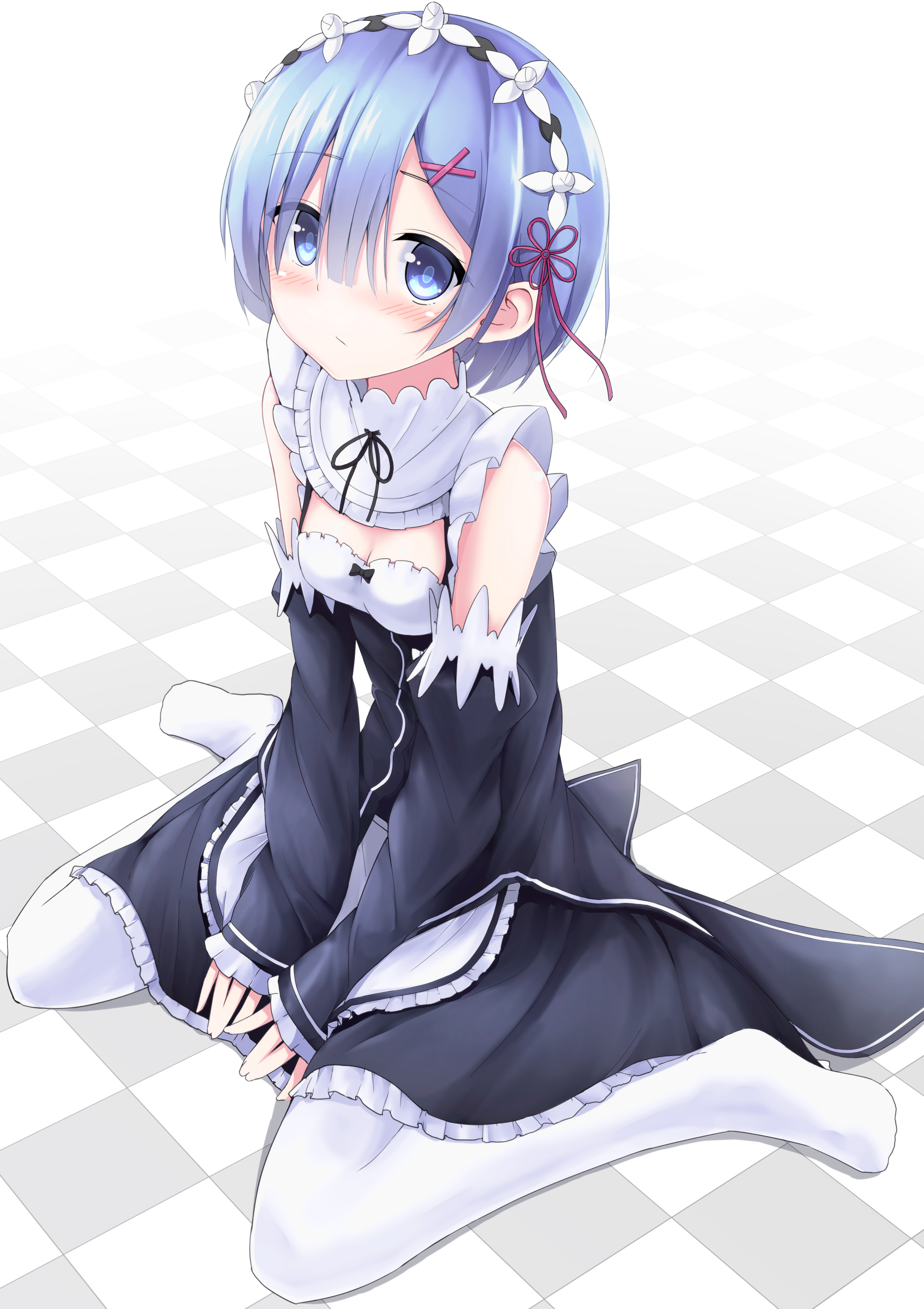 cleavage, kaie, maid, pantyhose, re:zero_kara_hajimeru_isekai_seikatsu, rem_(re_zero)