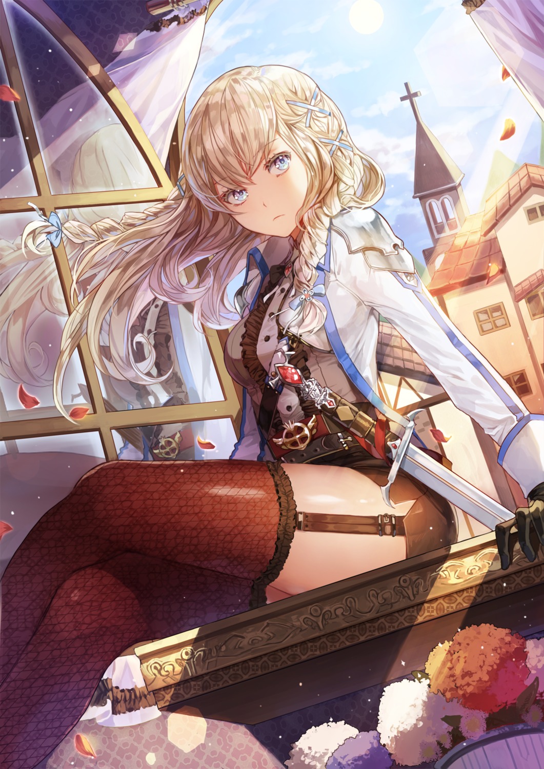 fishnets, limobok, stockings, sword, thighhighs, uniform