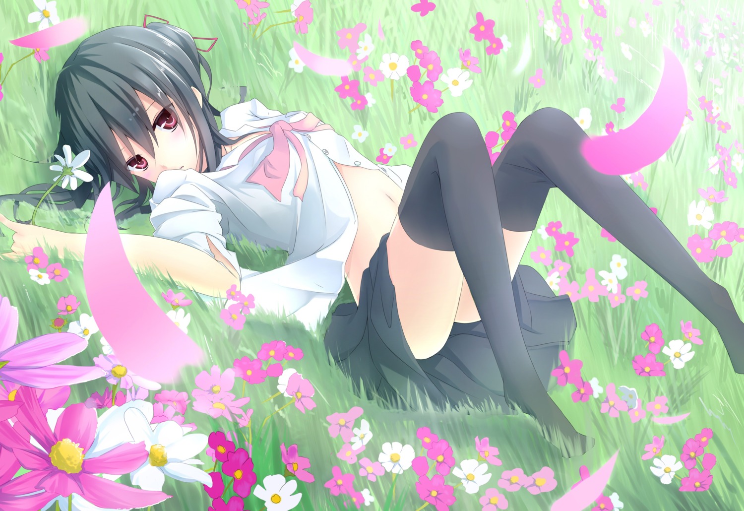makadamixa, open_shirt, seifuku, thighhighs