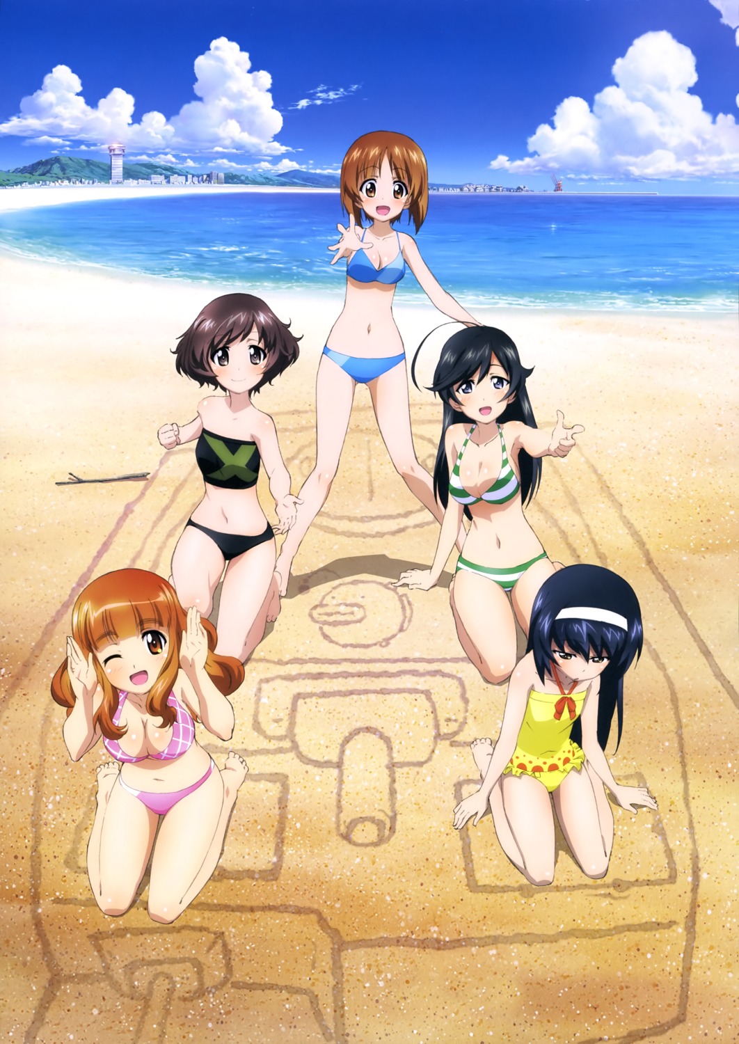 akiyama_yukari, bikini, cleavage, girls_und_panzer, isuzu_hana, nishizumi_miho, reizei_mako, sugimoto_isao