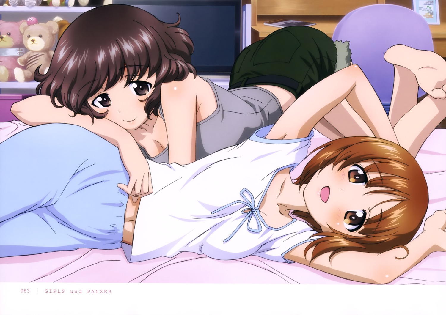 akiyama_yukari, cleavage, girls_und_panzer, nishizumi_miho, pajama, sugimoto_isao