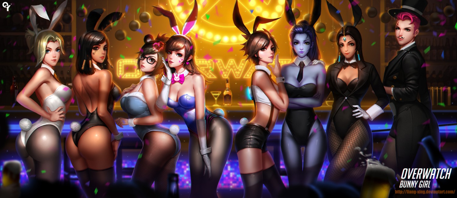 animal_ears, ass, bunny_ears, bunny_girl, cleavage, d.va, fishnets, liang_xing, megane, mei_(overwatch), mercy_(overwatch), no_bra, nopan, overwatch, pantyhose, pharah, symmetra_(overwatch), tail, thighhighs, tracer, widowmaker, zarya