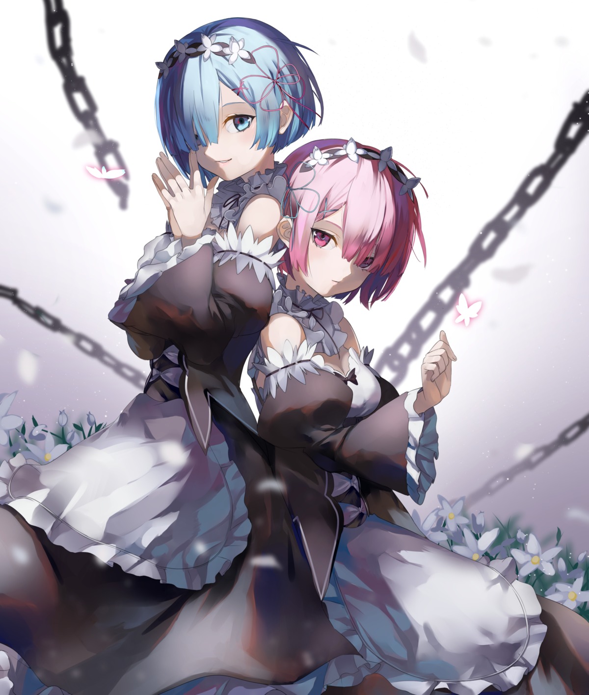 cleavage, eredhen, maid, ram_(re_zero), re:zero_kara_hajimeru_isekai_seikatsu, rem_(re_zero)