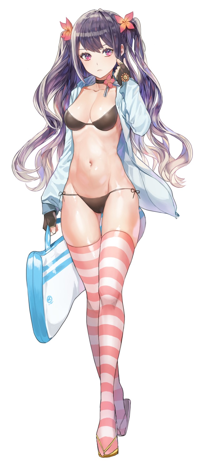 bikini, cleavage, limobok, open_shirt, swimsuits, thighhighs