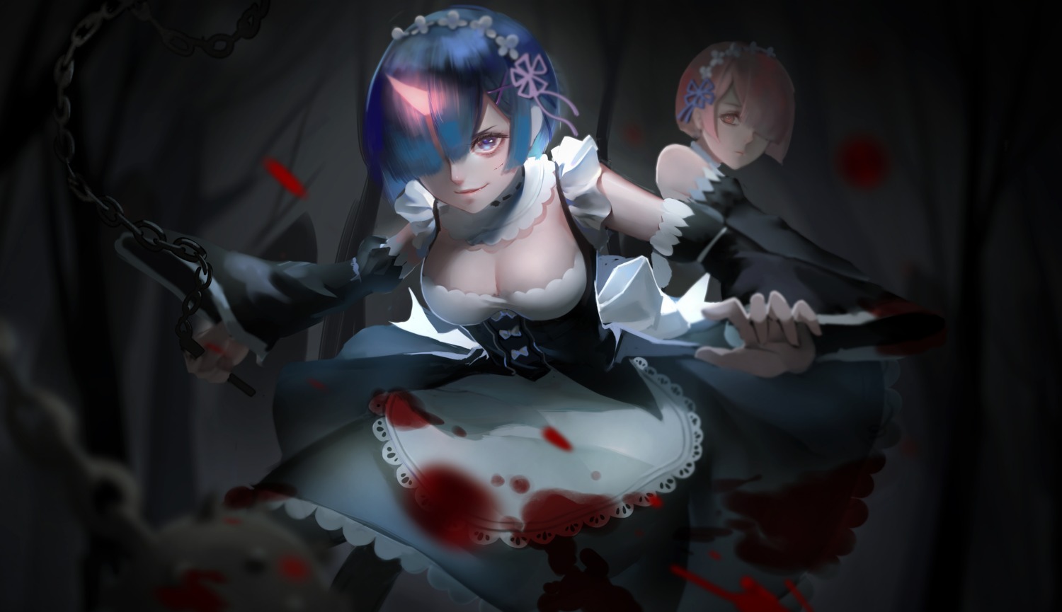 blood, cleavage, horns, kamachi_kamachi-ko, maid, ram_(re_zero), re:zero_kara_hajimeru_isekai_seikatsu, rem_(re_zero)