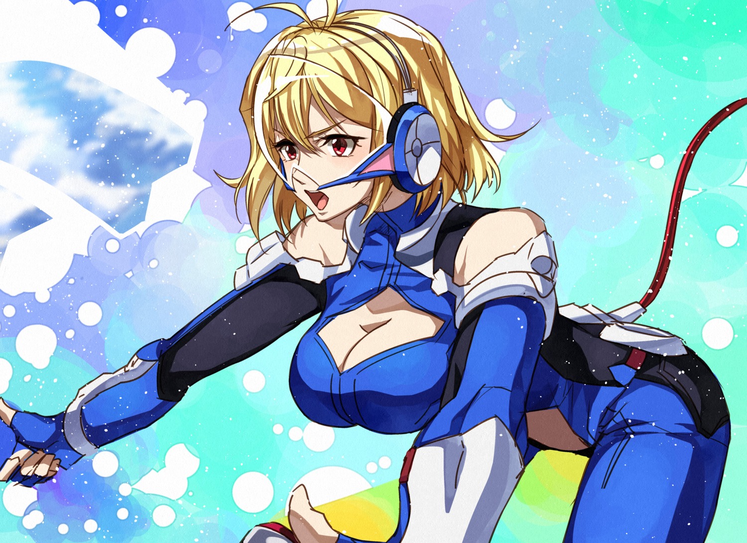 angelise_ikaruga_misurugi, bodysuit, cleavage, cross_ange, headphones, kanmiya_shinobu, tail