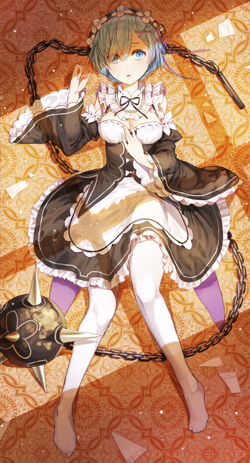 cleavage, limobok, maid, pantyhose, re:zero_kara_hajimeru_isekai_seikatsu, rem_(re_zero), weapon