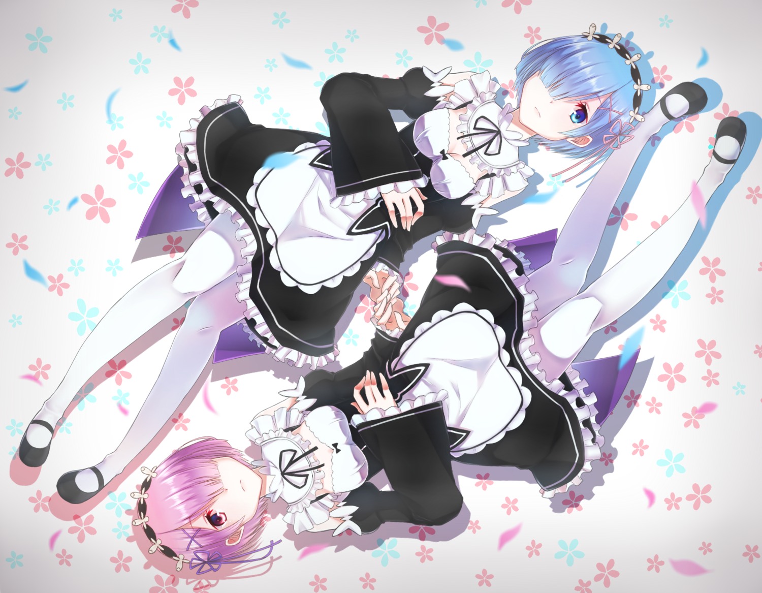 cleavage, maid, pantyhose, ram_(re_zero), re:zero_kara_hajimeru_isekai_seikatsu, rem_(re_zero), yun_(artist)