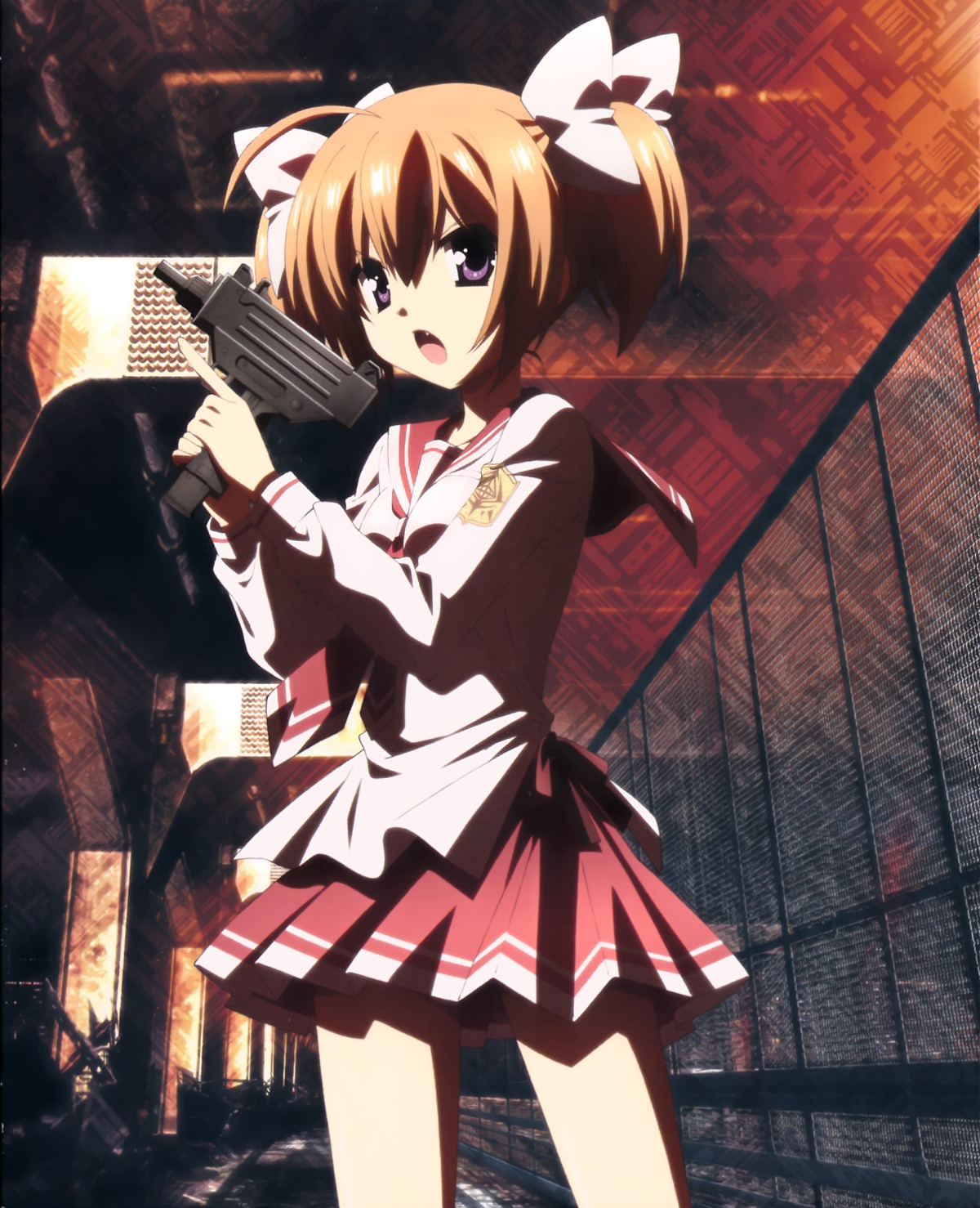 disc_cover, gun, hidan_no_aria, hidan_no_aria_aa, mamiya_akari, ooshima_miwa, seifuku