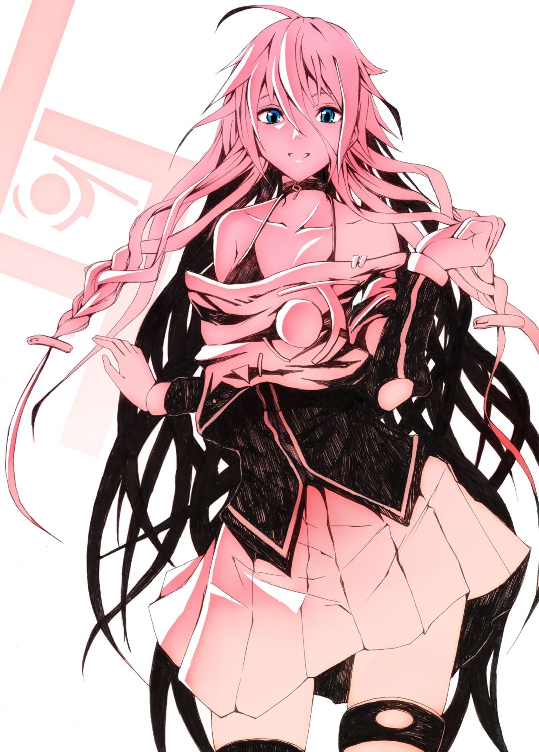 bikini_top, bondo_(borndragon), cleavage, garter, ia_(vocaloid), monochrome, open_shirt, swimsuits, thighhighs, vocaloid
