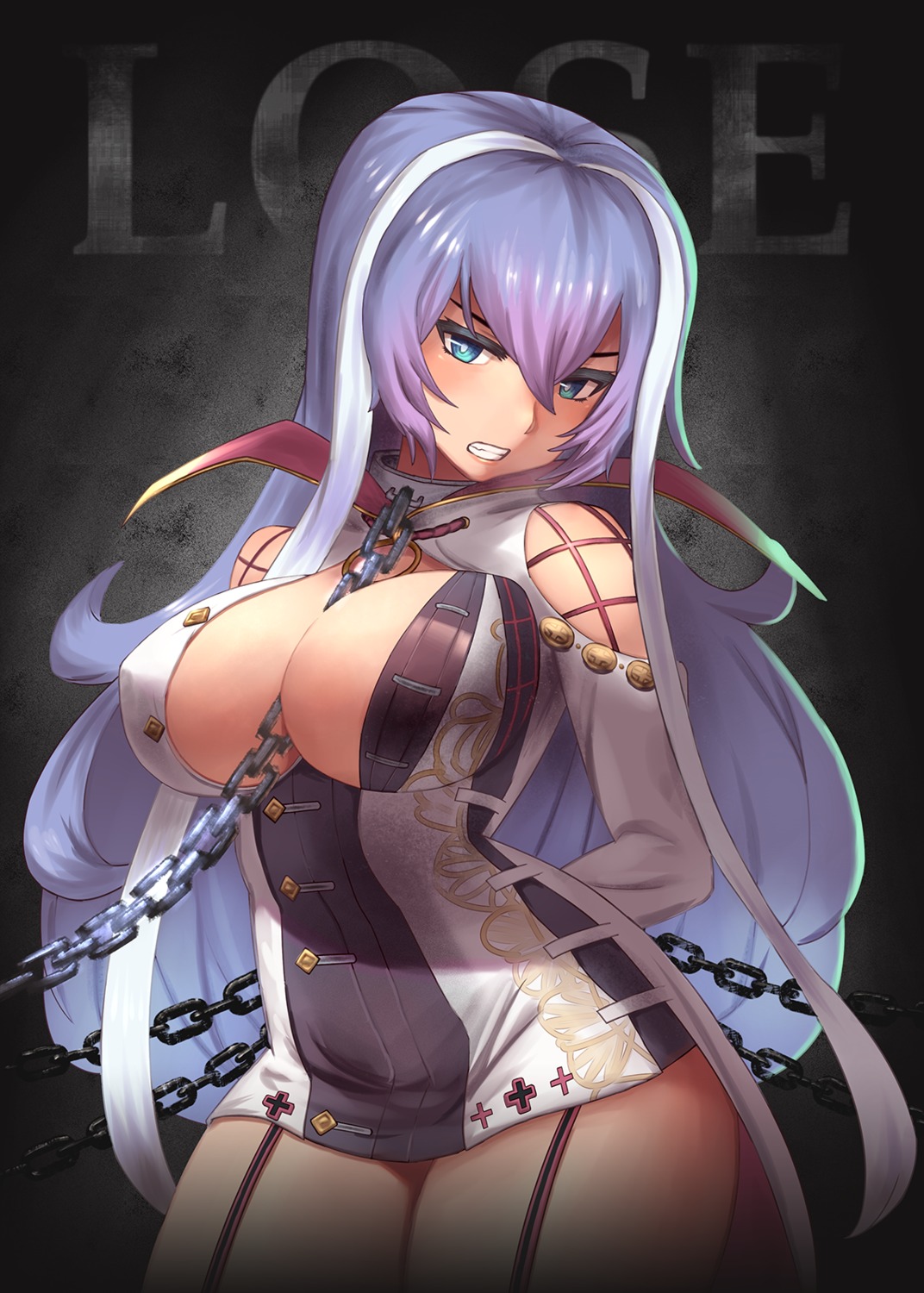 bondage, cleavage, dakunesu, isabelle_(shadowverse), no_bra, open_shirt, shadowverse
