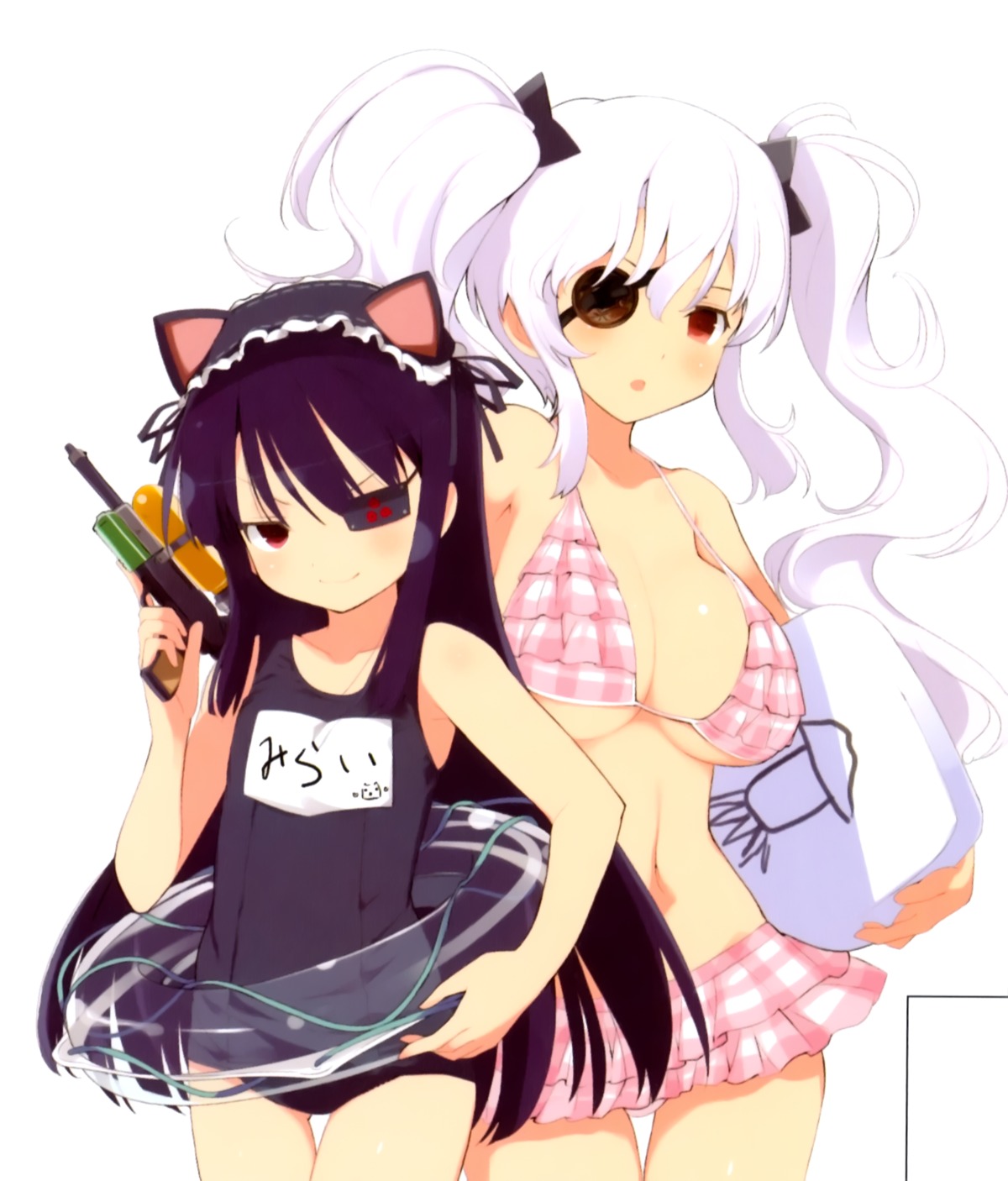 animal_ears, bikini, cleavage, eyepatch, gun, mirai_(senran_kagura), nekomimi, school_swimsuit, senran_kagura, swimsuits, underboob, yaegashi_nan, yagyuu