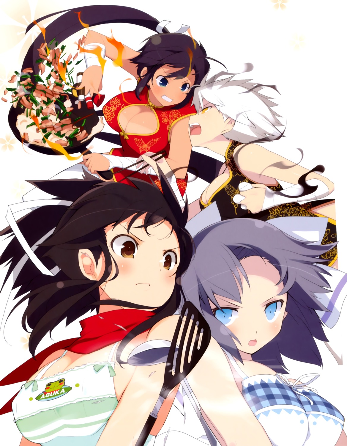 asuka_(senran_kagura), bandages, chinadress, cleavage, homura_(senran_kagura), miyabi_(senran_kagura), senran_kagura, tan_lines