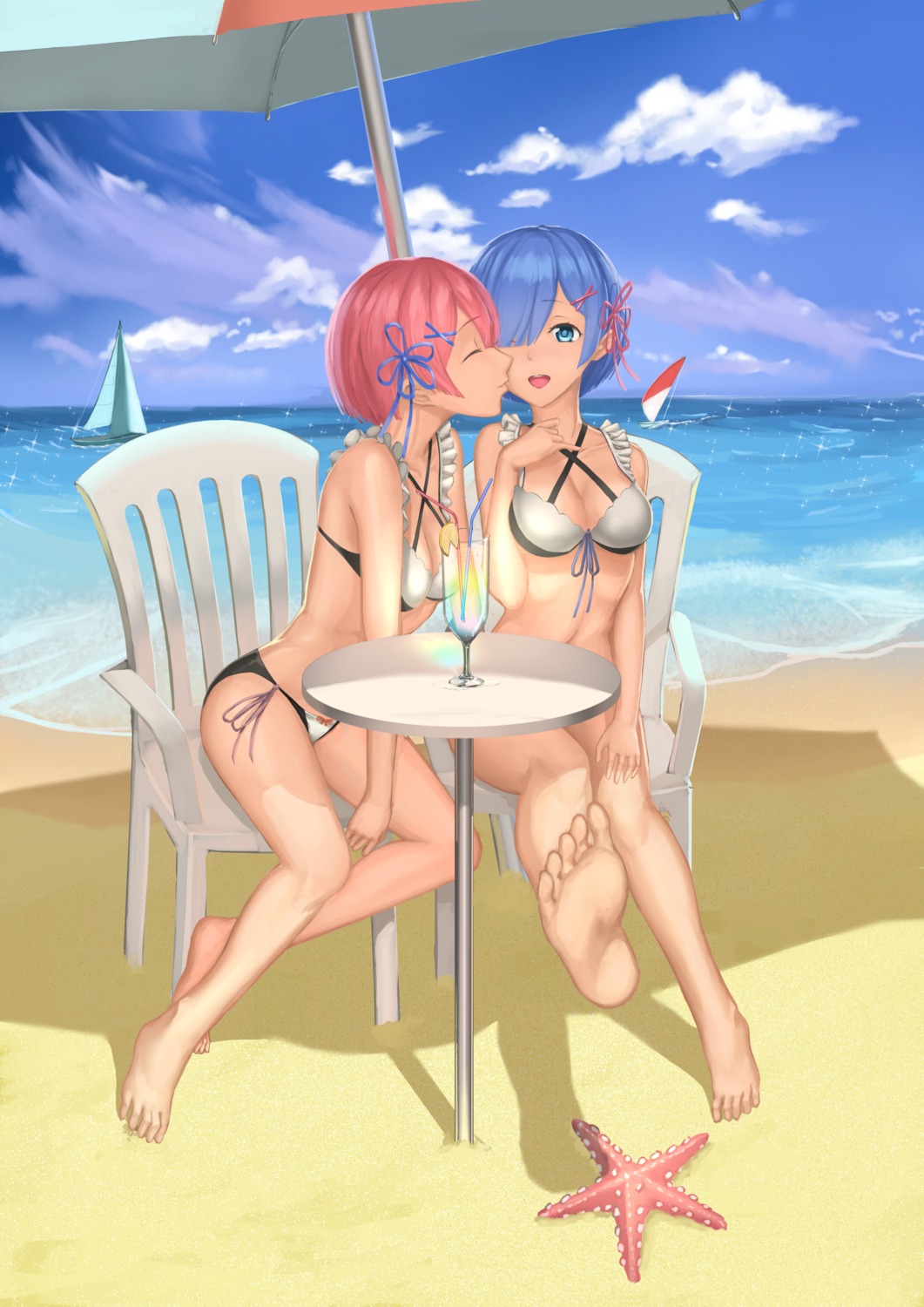 bikini, ccjn, cleavage, feet, ram_(re_zero), re:zero_kara_hajimeru_isekai_seikatsu, rem_(re_zero), swimsuits